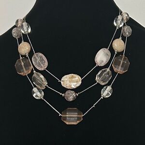 NY & Company Necklace 3 Strand Silver Tone Pink Beige Clear Multi Faceted Beads